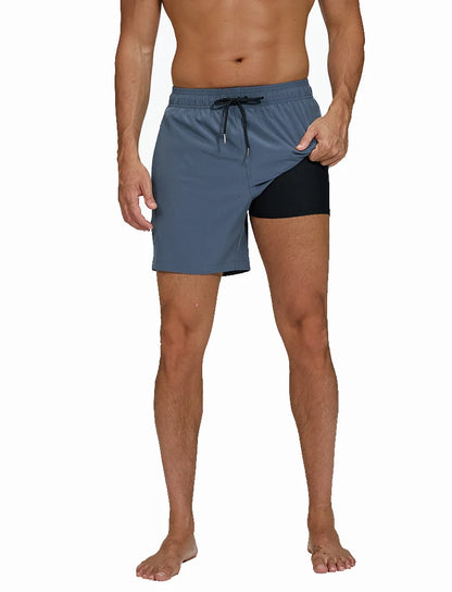 Men's boardshorts by ShopHub NZ featuring polyester and spandex, elastic waist, side zipper pocket, suitable for gym, beach, swim.