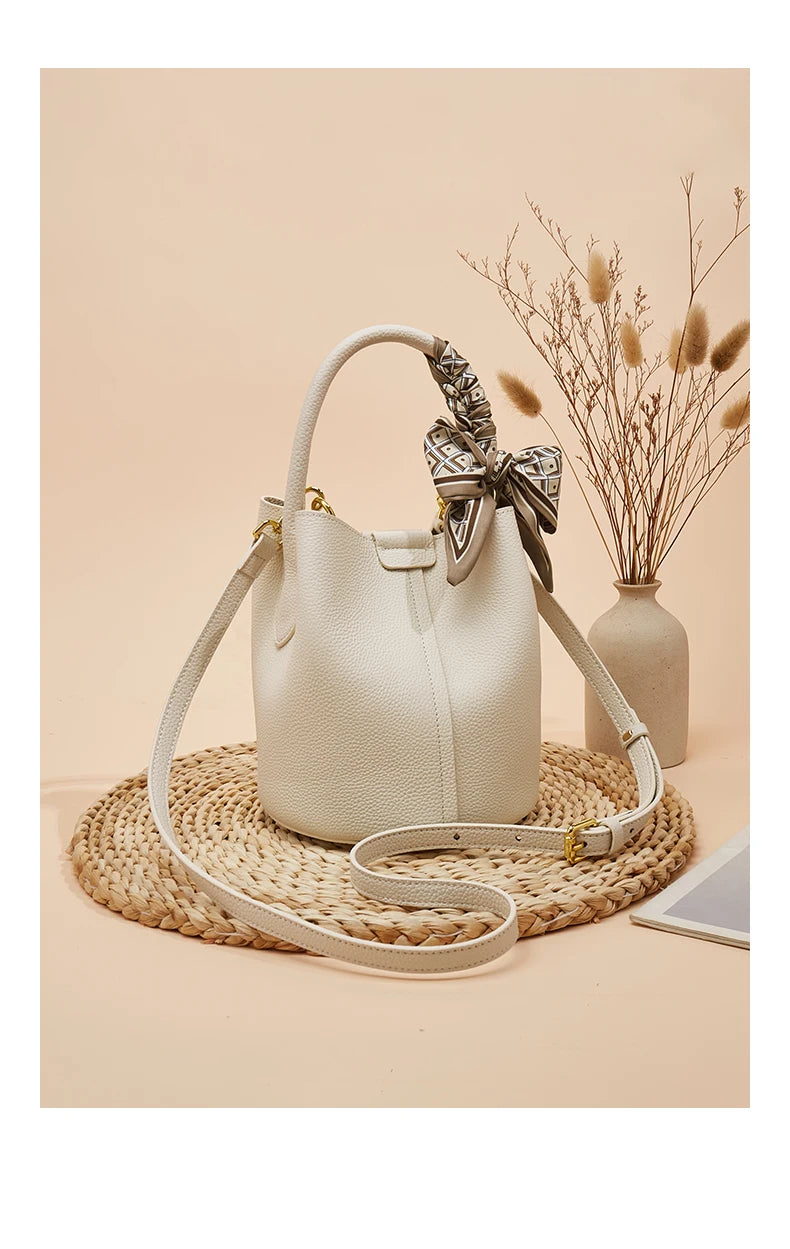 FOXER Women Shoulder Bag Crossbody Handbag Lady Genuine Leather+ Microfiber Fashion Bucket Bag Gift for Lover