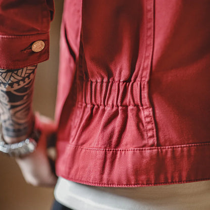 Maden New Vintage Heavy-Duty Letter Embroidered 12MJZ Jacket Red Slim-Fit Canvas Lapel Coat Men's Spring Zip-Up Casual Outerwear