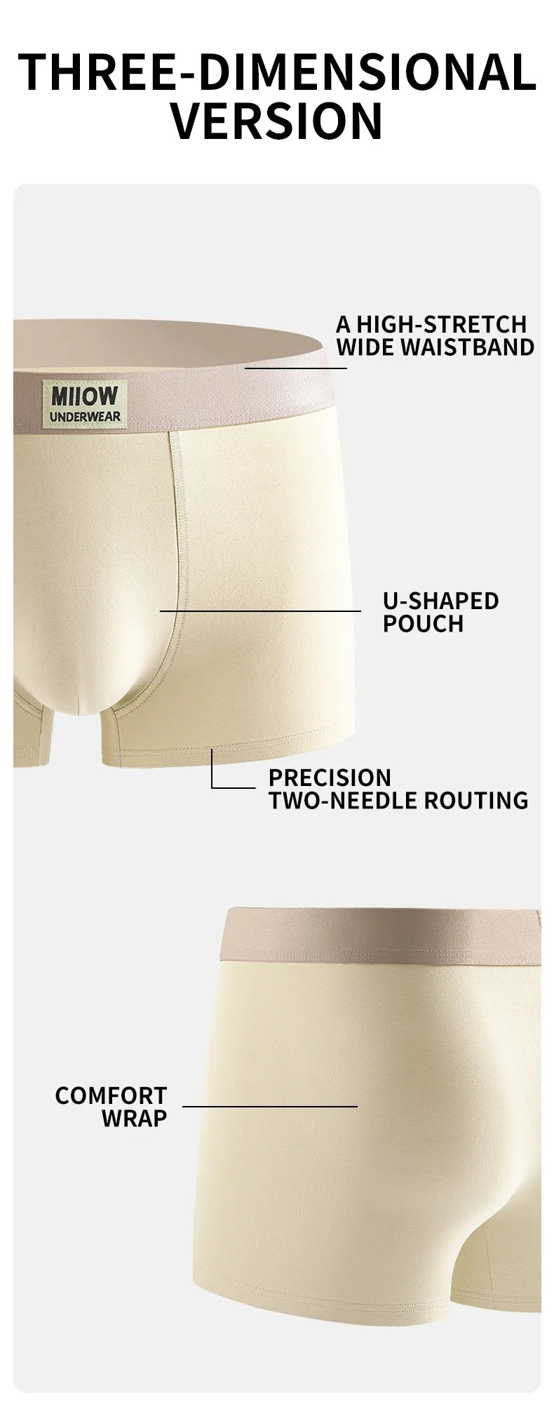 MiiOW 3Pcs Men's Cotton Underwear Antibacterial Breathable Crotch Soft Boxershorts