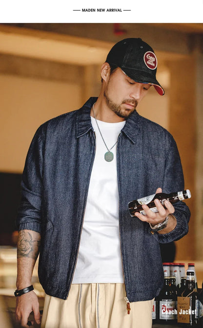Maden New Vintage Denim Jacket Loose Fit Lapel Zipper Jacket for Men’s Spring and Autumn Fashion Short Blue Versatile Coats