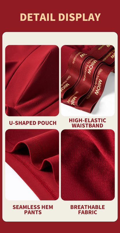 MiiOW 3Pcs Men's Antibacterial Cotton Boxers Lucky Red Breathable Underwear