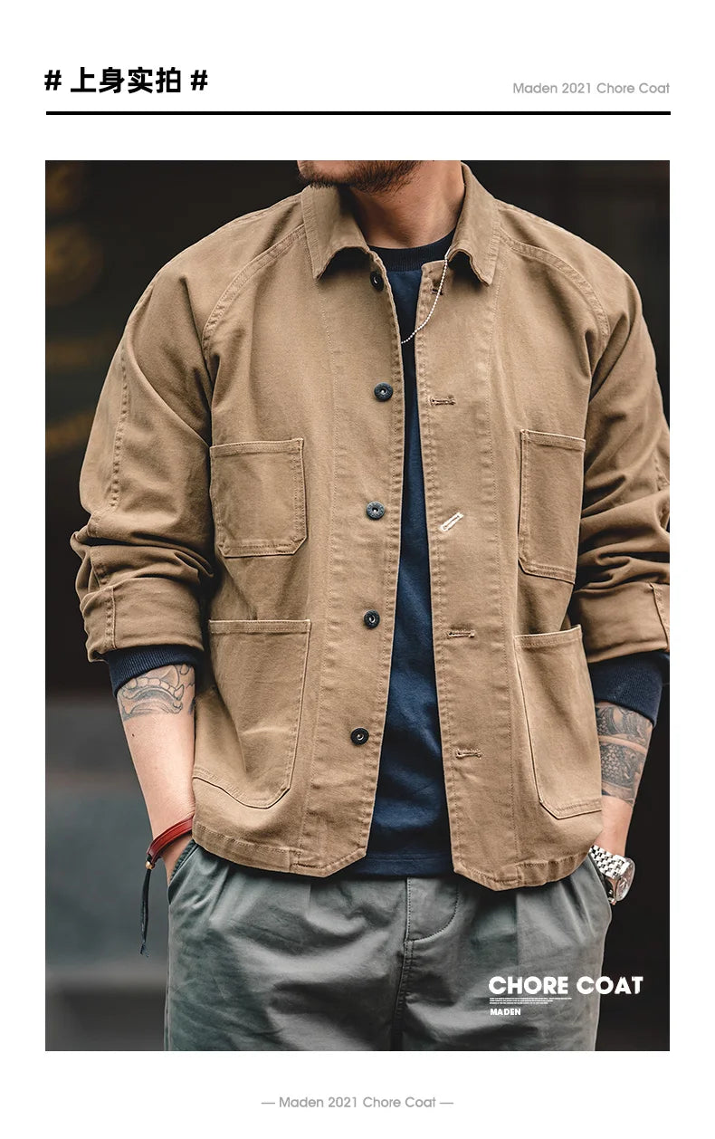 Maden Heavyweight Twill Fabric Four-pocket Chore Coat for Men Khaki Color Turn-down Collar Utility Jacket Male Autumn Jackets