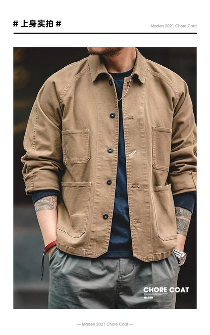 Maden Heavyweight Twill Fabric Four-pocket Chore Coat for Men Khaki Color Turn-down Collar Utility Jacket Male Autumn Jackets