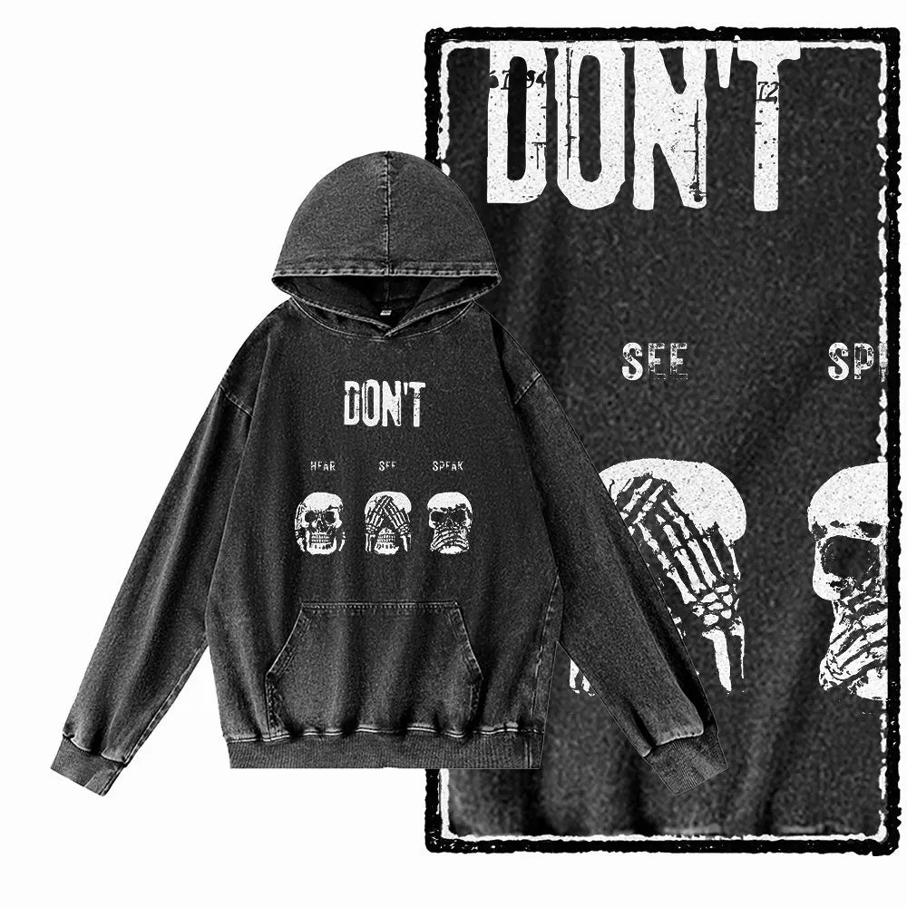 COOLMIND G21 Vintage Graphic Acid-Washed Black Hoodie