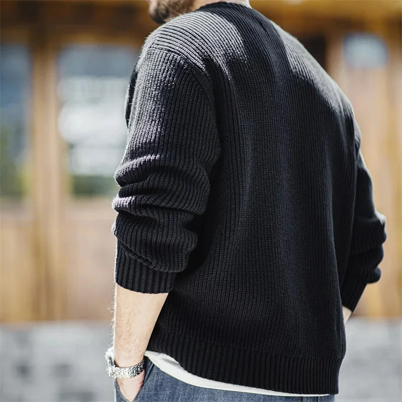 MADEN Black Henley Knit Pullover