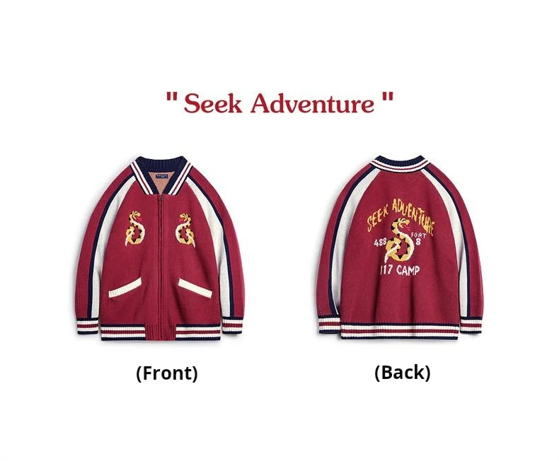 Maden Vintage Yokosuka Embroidered Jacket Men's Jacquard Knitted Cardigan Thickened Warm Zippered Baseball Coat for Fall Winter