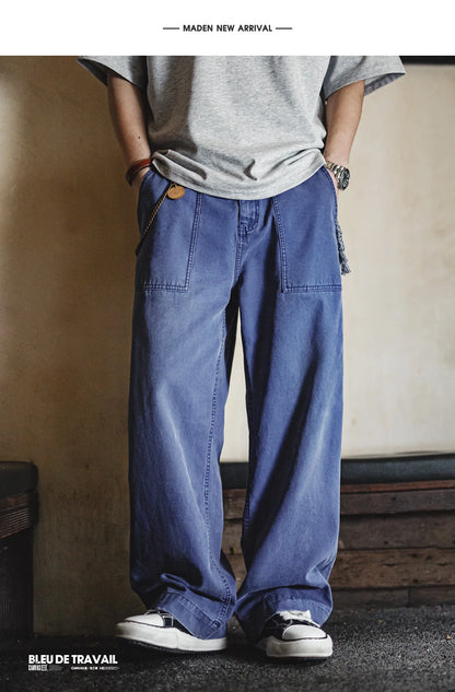 Maden Men‘s Vintage Washed Denim Jeans Blue Cotton Canvas Workwear Zipper Pants Loose Fit Casual Trousers for Spring and Autum