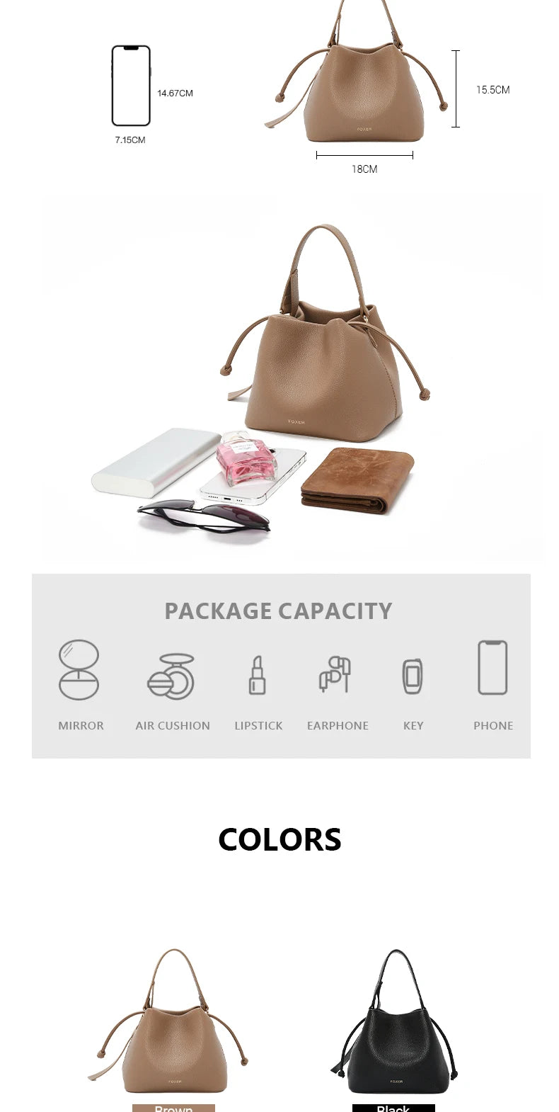 FOXER Brand Women's Top-handle Bucket Bag  2026 New Trendy Hot Selling Fashion Versatile Female Shoulder Crossbody Bag Purse