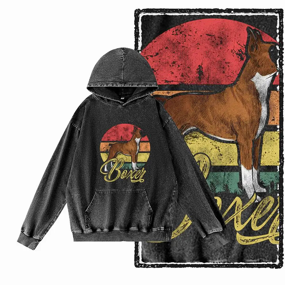 Vintage Dog Graphic Acid-Washed Black Hoodie