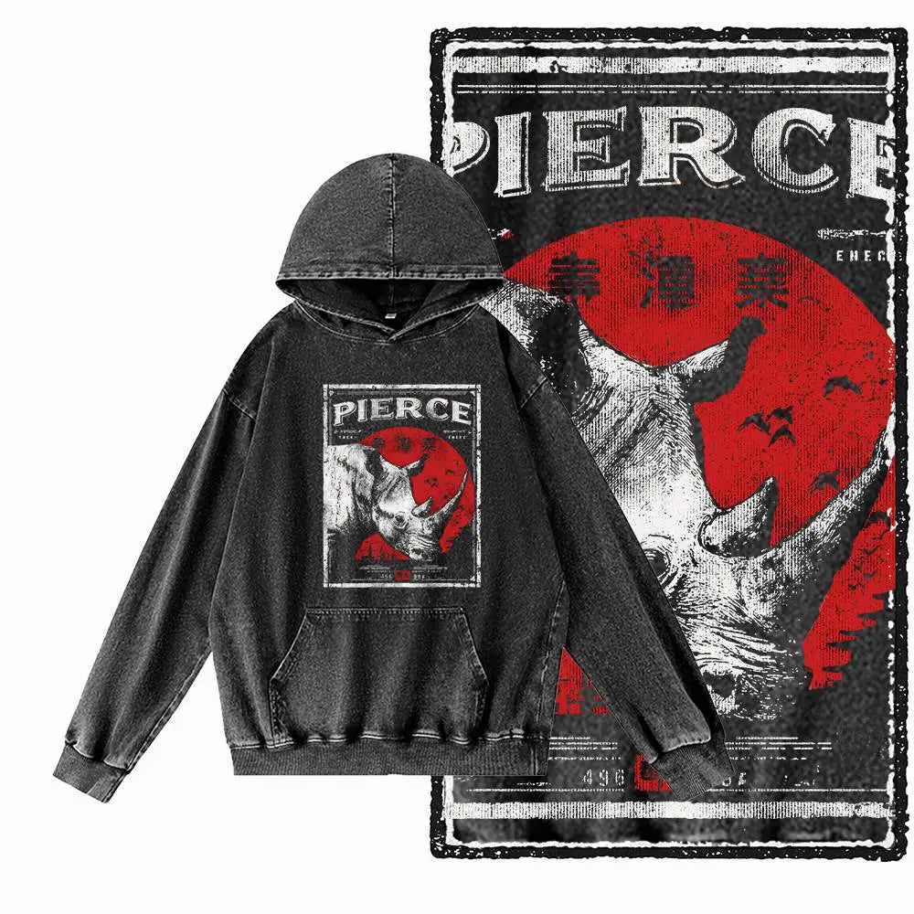 Dragon Strike Acid-Washed Black Graphic Hoodie