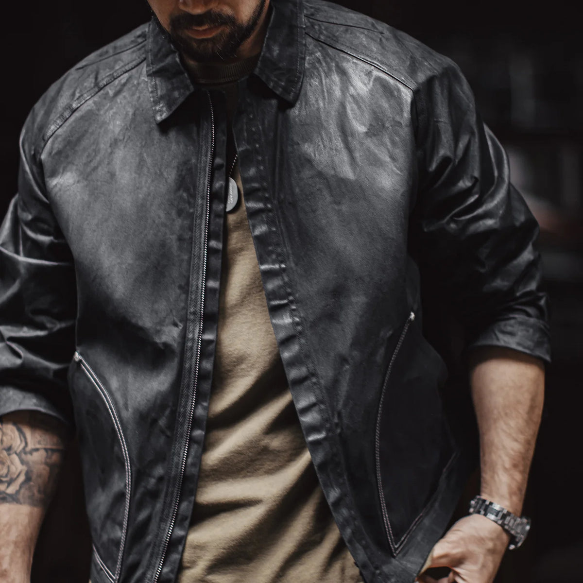 Maden Black Oil Waxed Canvas Hunting Jacket Contrast Topstitching Rugged Cropped Outerwear Casual Short Length for Men Autumn