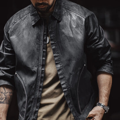 Maden Black Oil Waxed Canvas Hunting Jacket Contrast Topstitching Rugged Cropped Outerwear Casual Short Length for Men Autumn