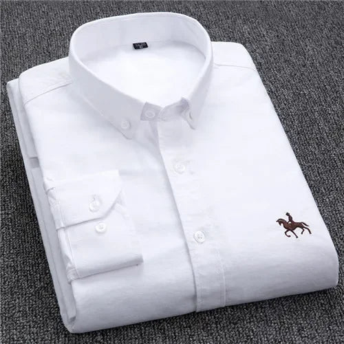 Casual Cotton Oxford Shirts for Men - Long Sleeve Regular Fit White Dress Shirt