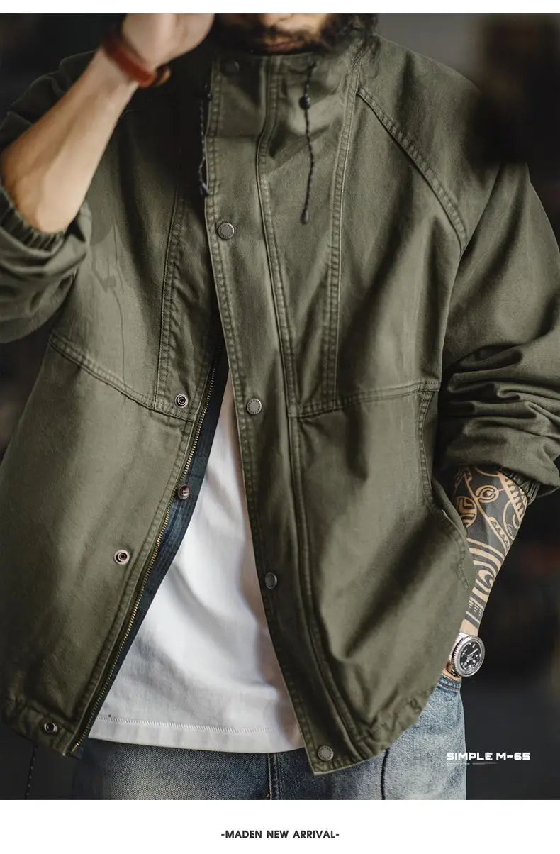 Maden Men's Vintage M-65 Field Jacket Green Cotton Zipper Army Coat Stand Collar Drawstring Windbreaker for Spring and Fall