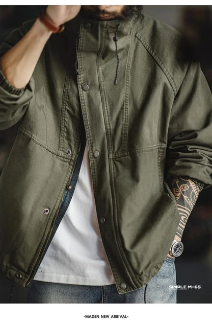 Maden Men's Vintage M-65 Field Jacket Green Cotton Zipper Army Coat Stand Collar Drawstring Windbreaker for Spring and Fall
