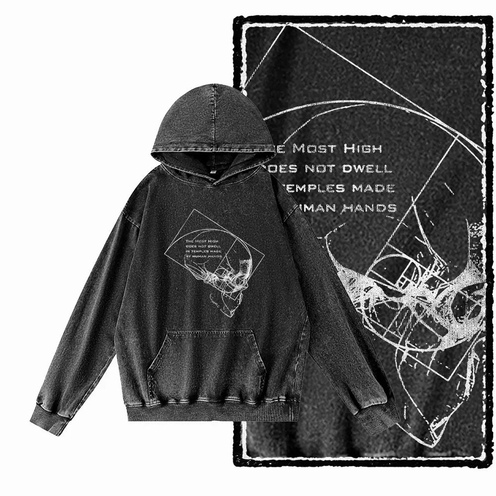 G09 Creative Graphic Acid-Washed Black Hoodie