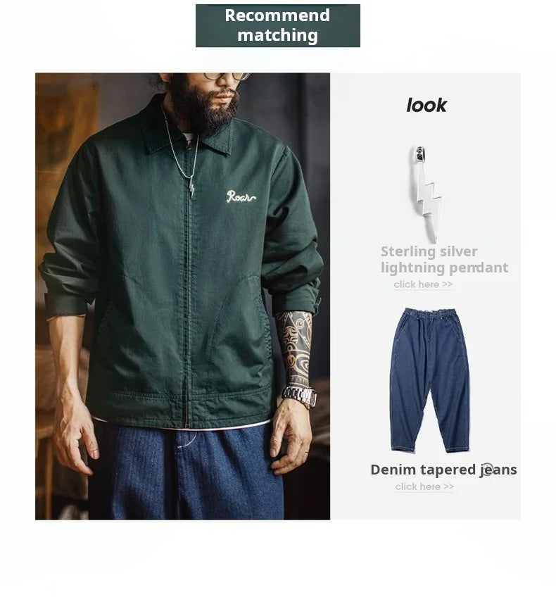 Maden Men's Vintage Tiger Embroidery Jacket Heavyweight Cotton Zip-Up with Lapel Collar Green Casual Overcoat for Spring Fall