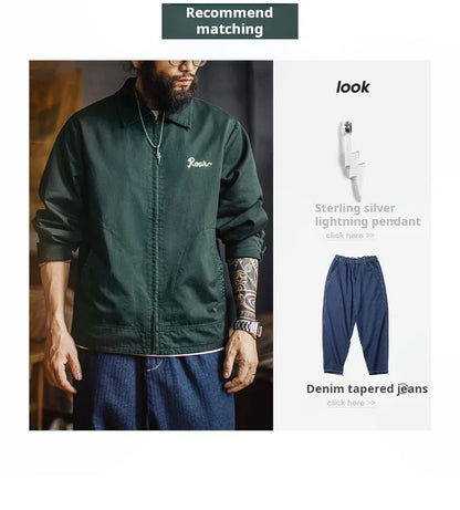Maden Men's Vintage Tiger Embroidery Jacket Heavyweight Cotton Zip-Up with Lapel Collar Green Casual Overcoat for Spring Fall