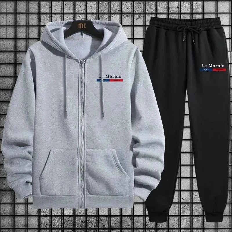 Paris Le Marais Tracksuit Set - Men’s 2 Piece Zipper Hoodie & Sweatpants Urban Streetwear for Autumn Winter Sport Style