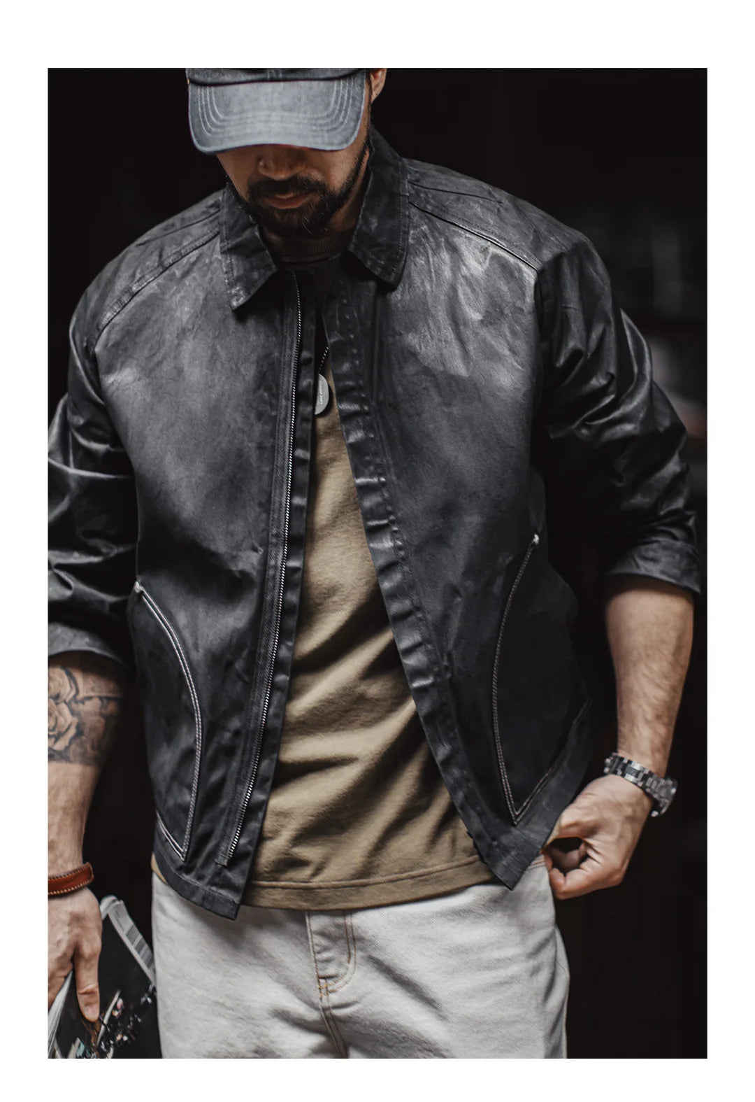 Maden Black Oil Waxed Canvas Hunting Jacket Contrast Topstitching Rugged Cropped Outerwear Casual Short Length for Men Autumn