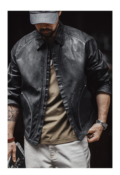 Maden Black Oil Waxed Canvas Hunting Jacket Contrast Topstitching Rugged Cropped Outerwear Casual Short Length for Men Autumn
