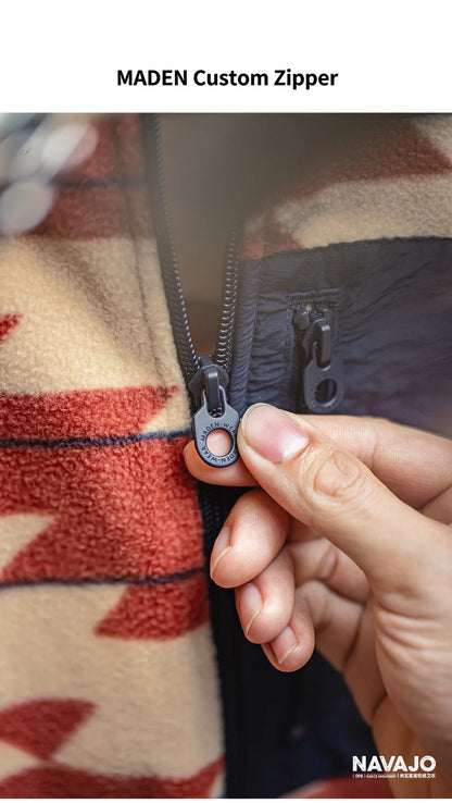 Maden Men's Vintage Navajo Polar Fleece Jacket Stand Collar Zip-Up Patchwork Sweatshirt Warm Cardigan for Spring and Autumn Coat