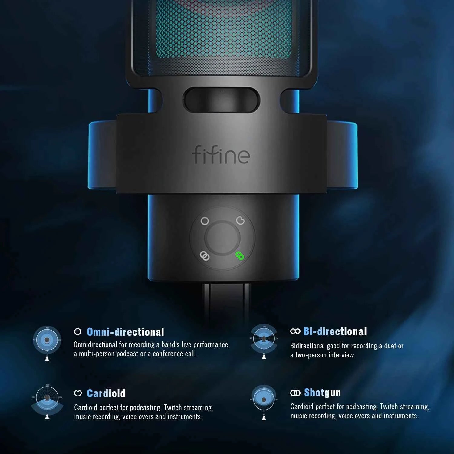 FIFINE Ampligame A8 PLUS USB MIC with Contrallable RGB,3 Capsules 4 Polar Patterns,Gain Dials,a Live Mic Jack & a Mute Touch
