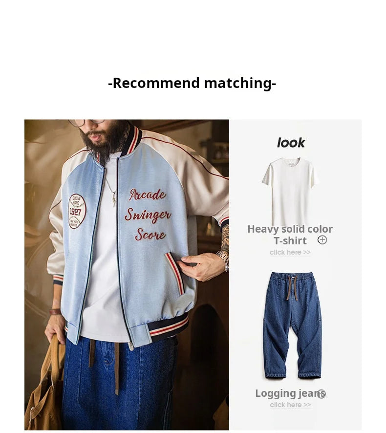 Maden Men Vintage Embroidered Souvenir Jacket Satin Contrast Baseball Bomber Outwear Short Zip-Up Casual Jacket for Spring Fall