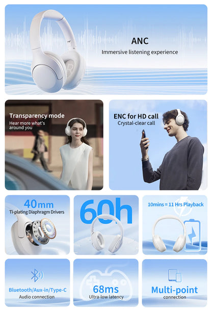 QCY H3 Lite ANC Wireless Headphones with Bluetooth 5.3, 40mm Driver, and 60H HiFi Sound - ShopHub