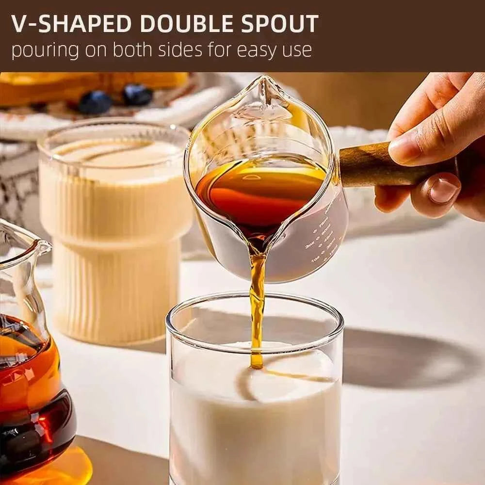 Glass Measuring Cup with Wood Handle, Double Spout Espresso Milk Coffee Mug, Clear Baking Kitchen Tool