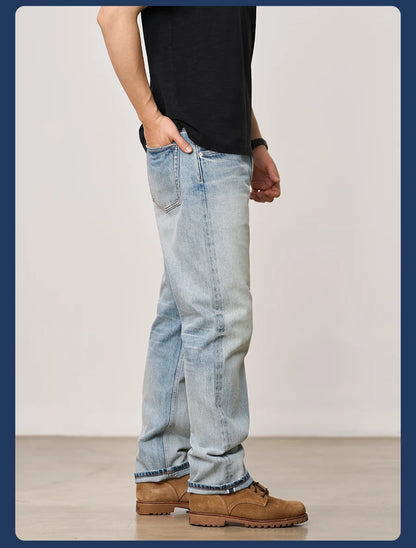SIMWOOD High Standard 2026 Autumn New Loose Straight 14.3oz Selvedge Denim Jeans Men's Retro Washed Ripped Pants Vintage Trouser
