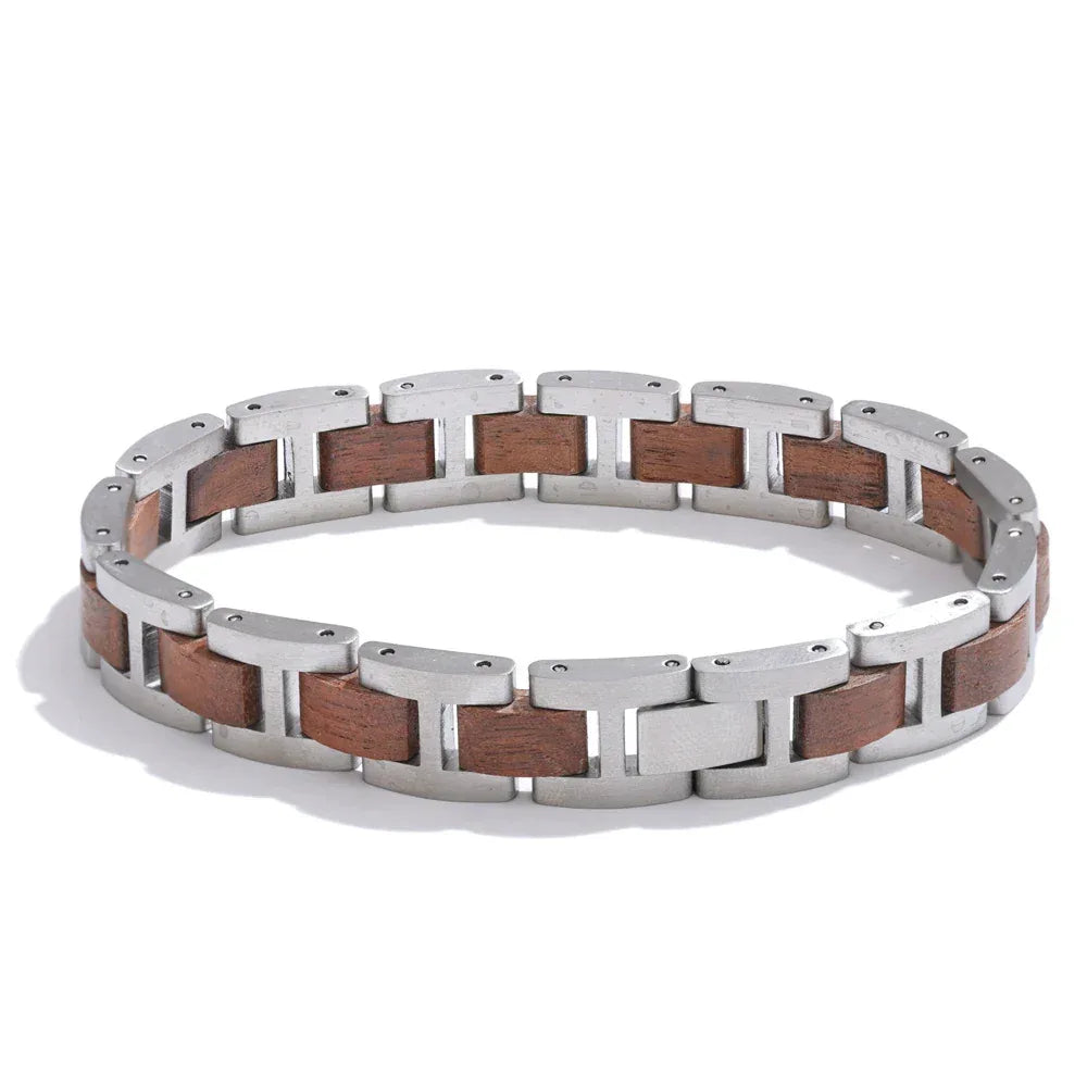 22cm Stylish Unique Stainless Steel Natural Wood Chain Men's Classic Bracelet - ShopHub