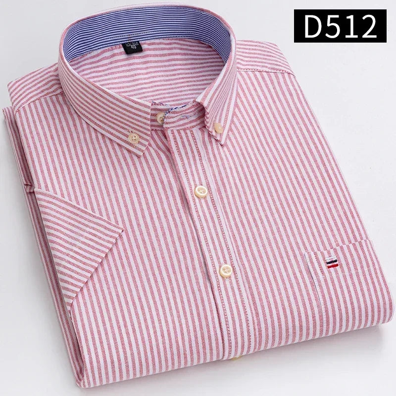 100% Cotton Men's Breathable Cotton Plaid Shirt - Short Sleeve Oxford Summer Striped Regular Fit Oversized Clothing