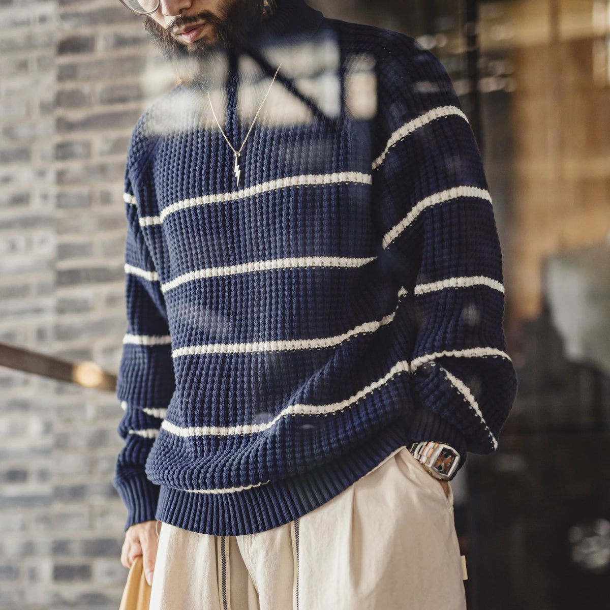 MADEN Blue Striped Cotton-Blend Turtleneck