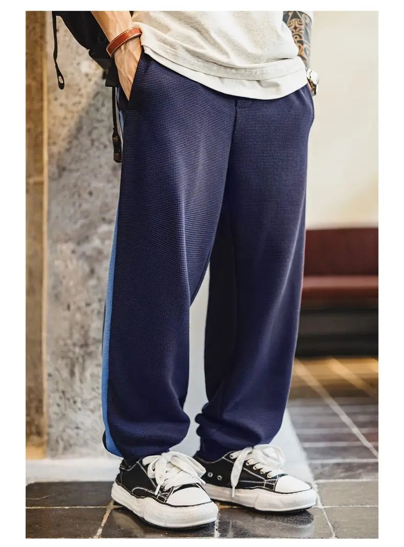 Maden Men's Vintage Contrast Navy Blue Jacket Waffle Knit Training Jacket Breathable Stand Collar Outwear for Spring Fall