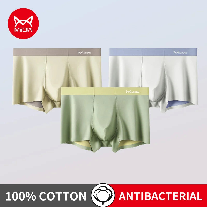 MiiOW Men's Cotton Underwear 3Pcs Silky Softness Antibacterial Boxers