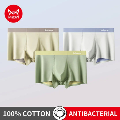 MiiOW Men's Cotton Underwear 3Pcs Silky Softness Antibacterial Boxers