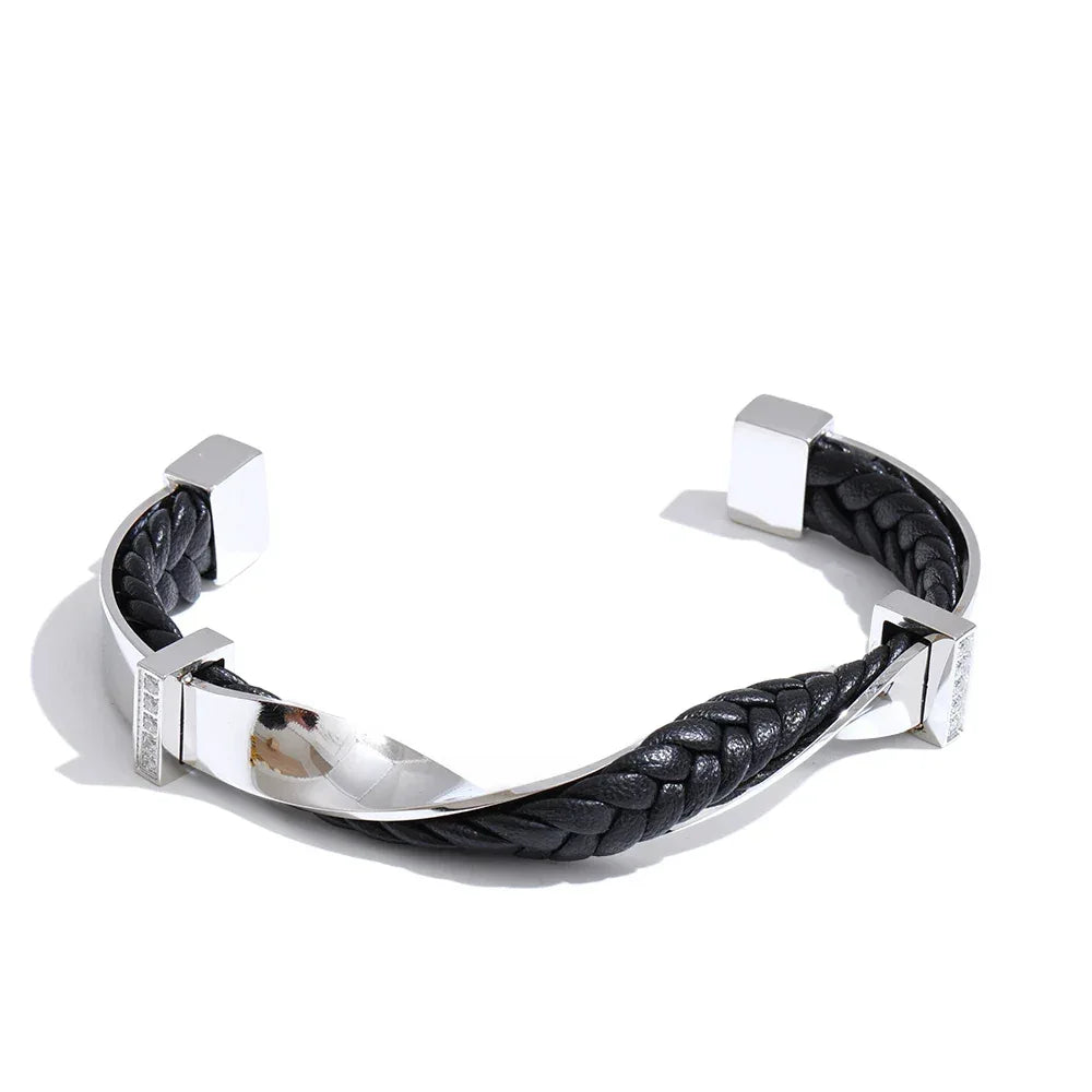 68mm Black Leather Stainless Steel Twisted Cuff Bracelet - ShopHub