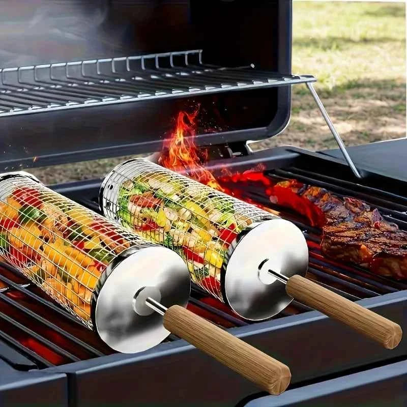 2-Piece Stainless Steel BBQ Grill Set with Wood Handle & Hook, Heavy Duty Portable Outdoor Camping Cooking Tool