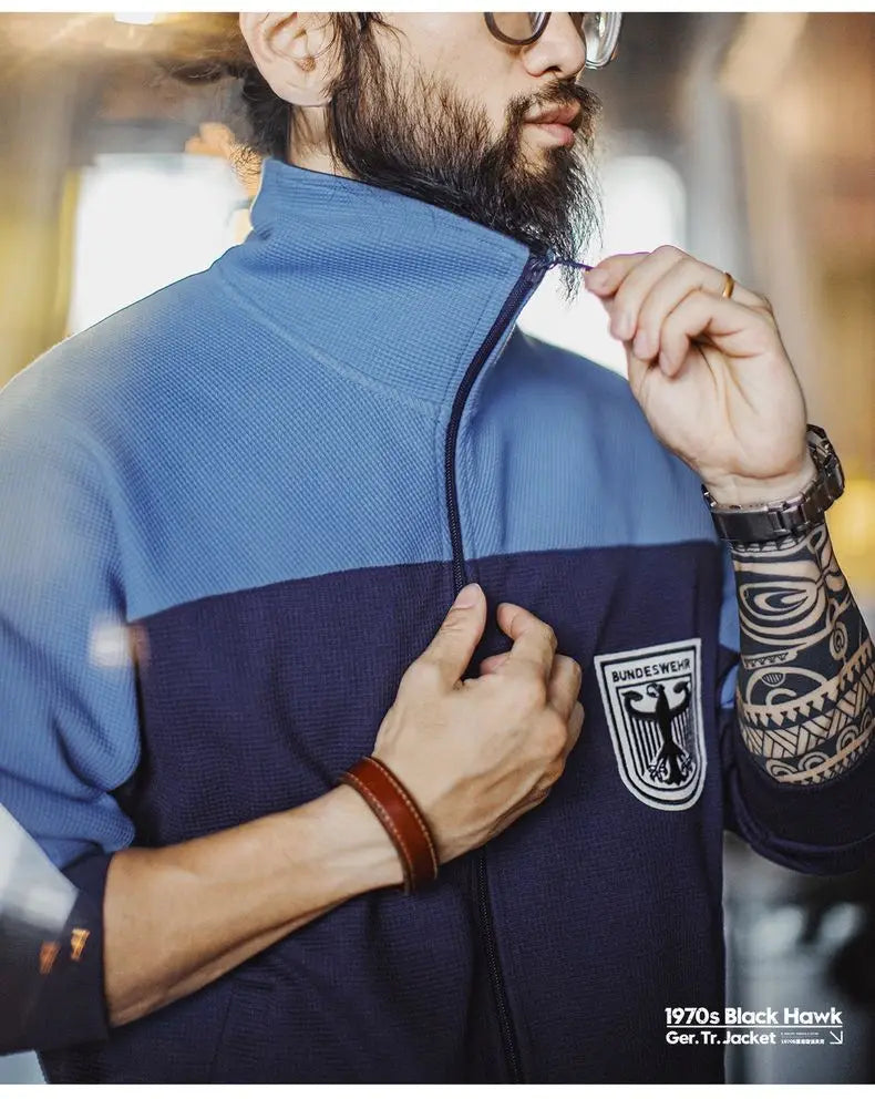 Maden Men's Vintage Contrast Navy Blue Jacket Waffle Knit Training Jacket Breathable Stand Collar Outwear for Spring Fall