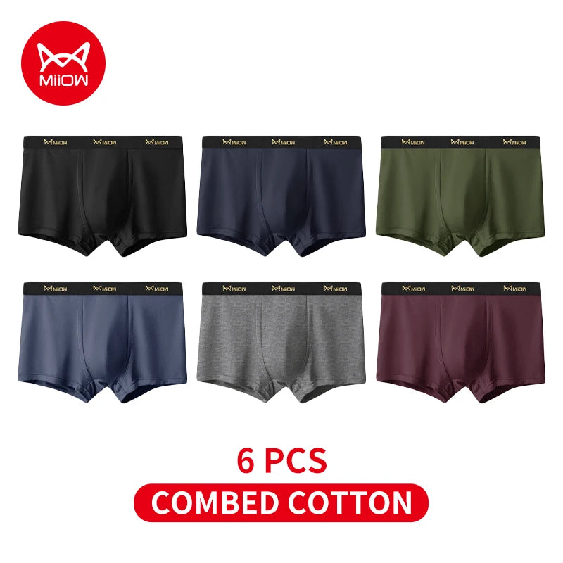 MiiOW 6Pcs Men's Cotton Underwear - Soft Antibacterial Breathable Boxer Briefs with Cotton Crotch