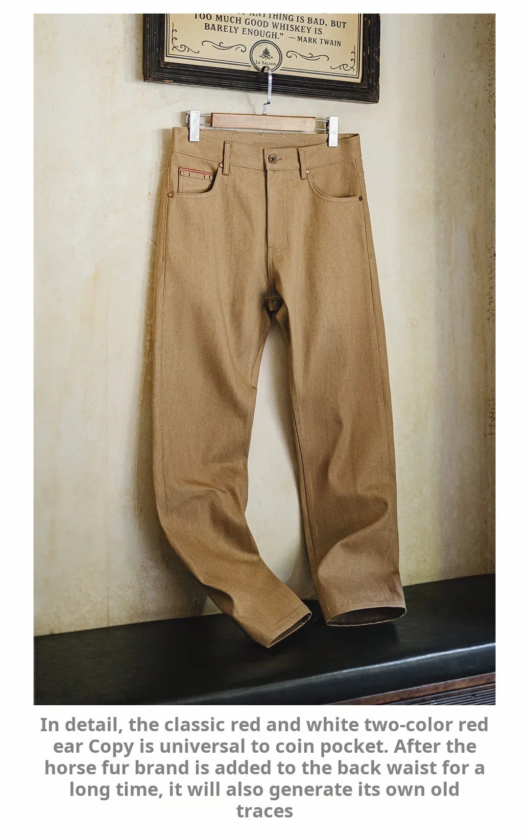 Maden Men‘s Khaki 11.7oz Selvedge Raw Jeans Vintage Straight-Leg Cowboy Pants Casual Zip Fly Cotton Trousers for Spring Autumn