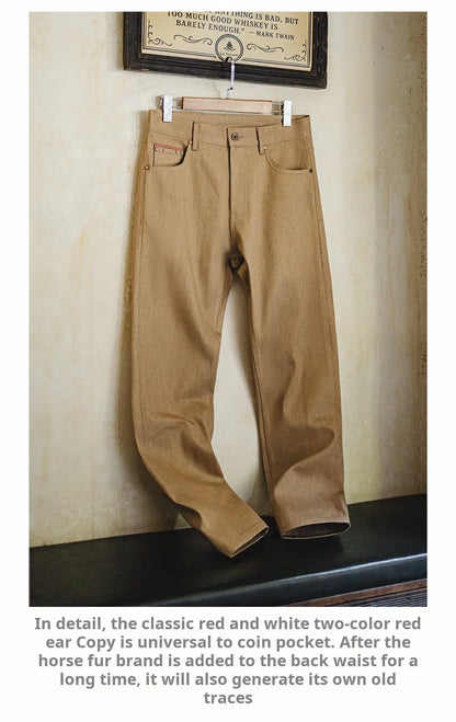 Maden Men‘s Khaki 11.7oz Selvedge Raw Jeans Vintage Straight-Leg Cowboy Pants Casual Zip Fly Cotton Trousers for Spring Autumn