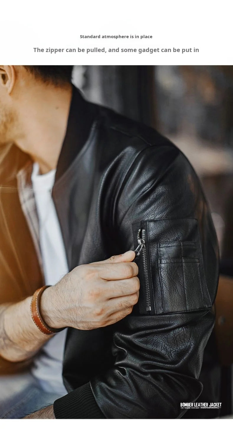 Maden Vintage Men's MA1 Leather Jacket Black Pilot Bomber Jacket Short Zip-up Pocket Baseball Coat Outerwear for Fall Streetwear