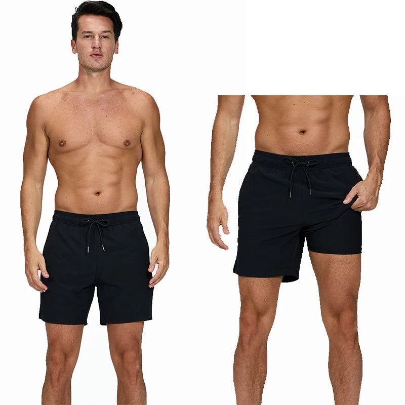 Men's summer boardshorts by ShopHub NZ featuring elastic waist, side zipper pocket, and long liner for gym, beach, and swimwear.