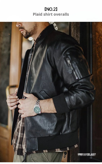 Maden Vintage Men's MA1 Leather Jacket Black Pilot Bomber Jacket Short Zip-up Pocket Baseball Coat Outerwear for Fall Streetwear