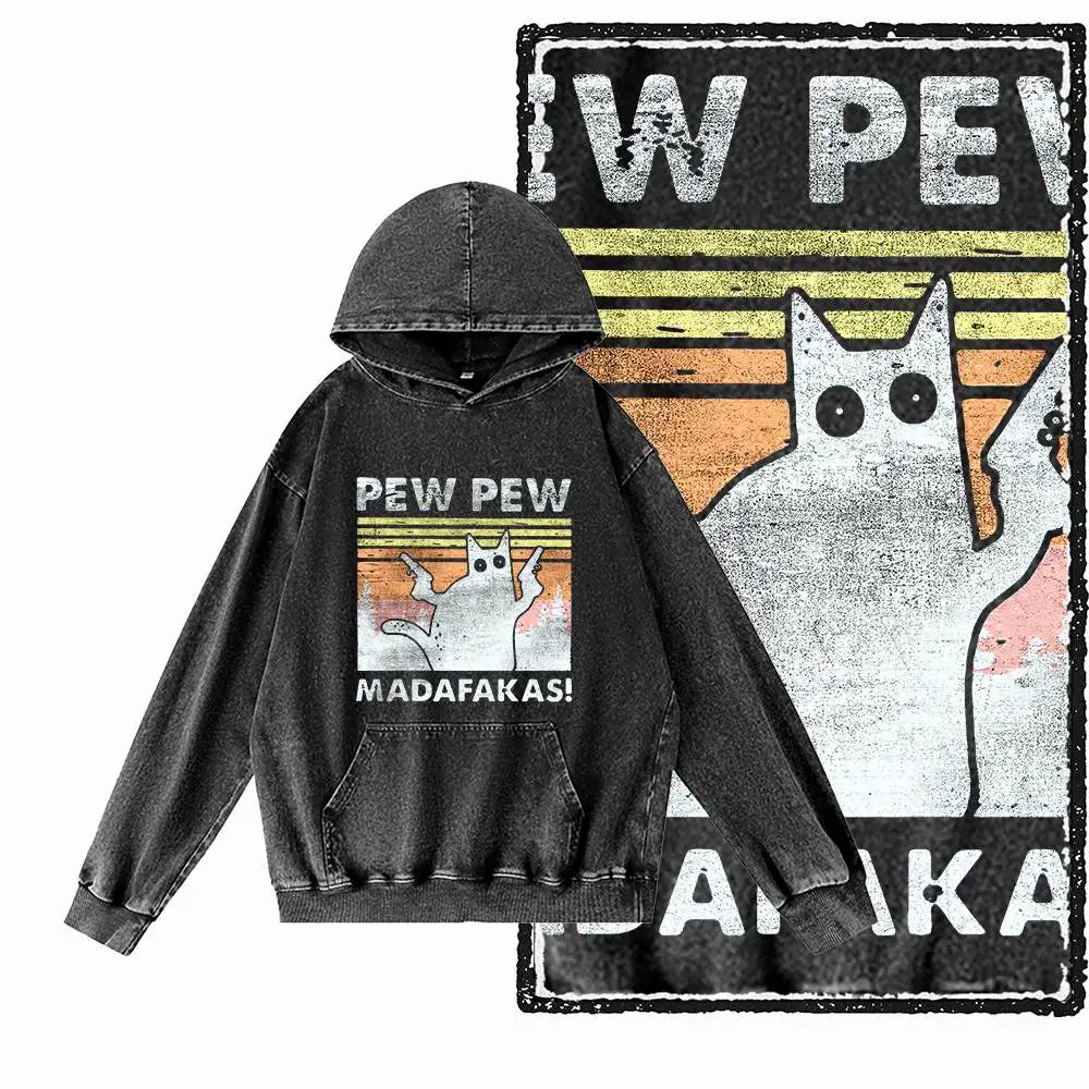 Night Prowler Cat Graphic Acid-Washed Black Hoodie
