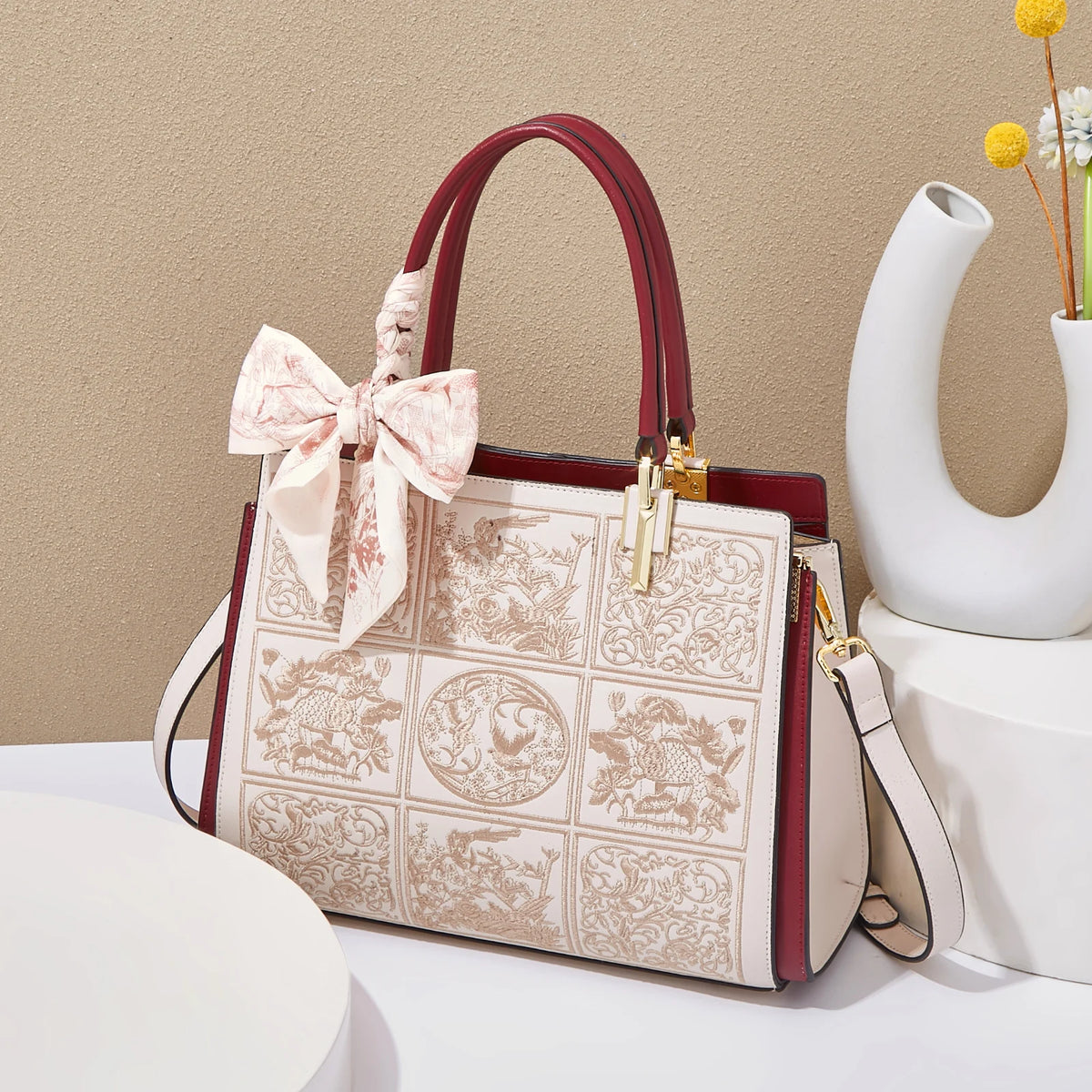 FOXER Women's Shoulder Handbag New Office Lady Crossbody Bag Medium Tote Chic Split Leather Silk Scarf Printing Pocket Mom's Bag