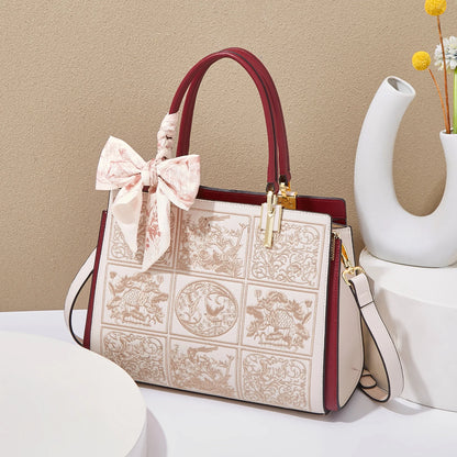 FOXER Women's Shoulder Handbag New Office Lady Crossbody Bag Medium Tote Chic Split Leather Silk Scarf Printing Pocket Mom's Bag